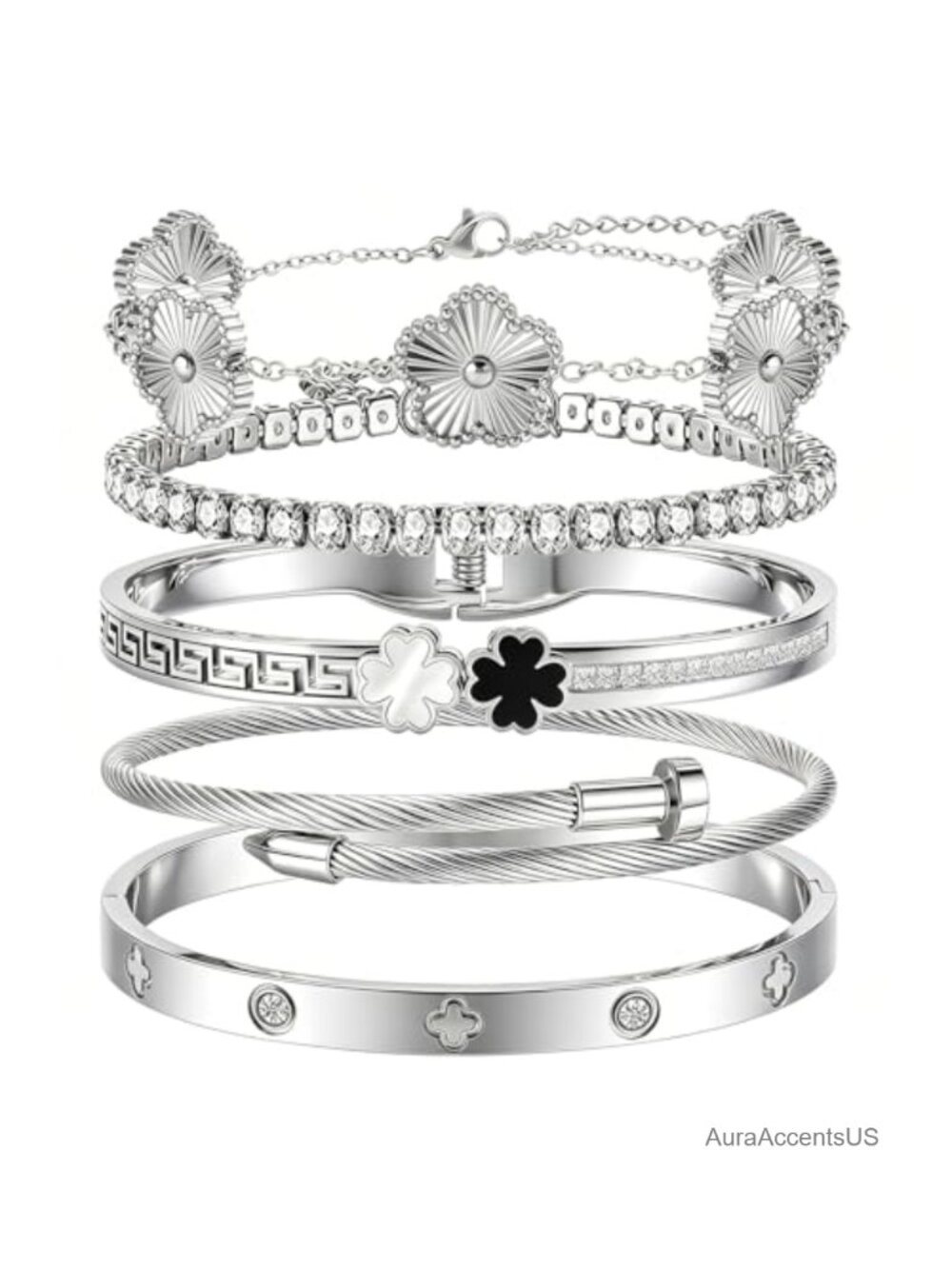 Stainless Steel Bangle Bracelet Set for Women 5-Piece Non-Tarnish Clover Charm